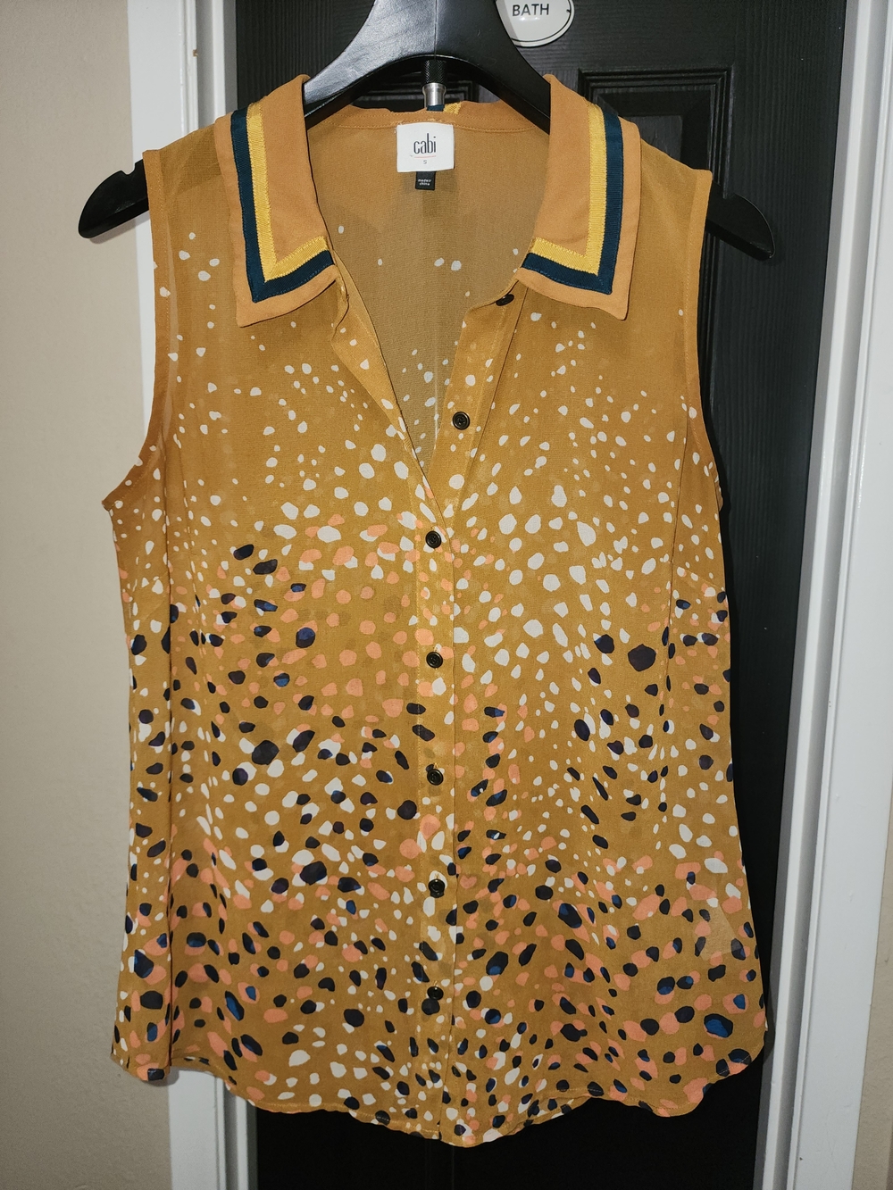 CAbi Mustard Sleeveless Button-Front Spot Print Blouse with Contrast Collar